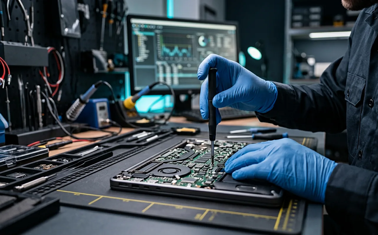 Illustrative close-up of careful laptop motherboard servicing